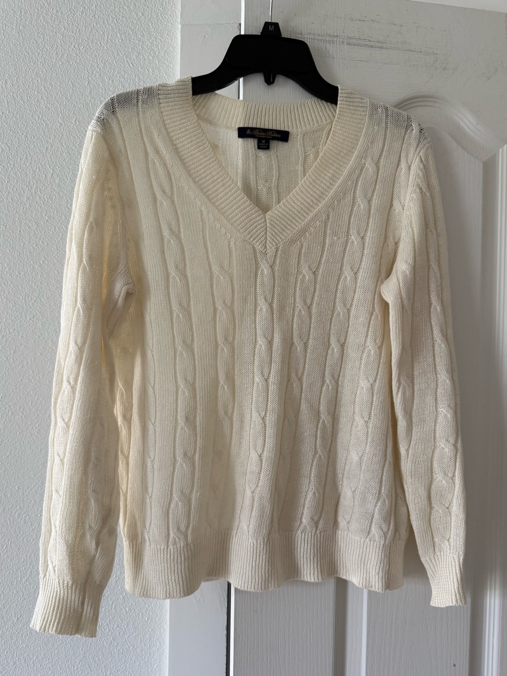 Brooks Brothers 100% Linen Cable Knit V Neck Sweater Women M Ivory